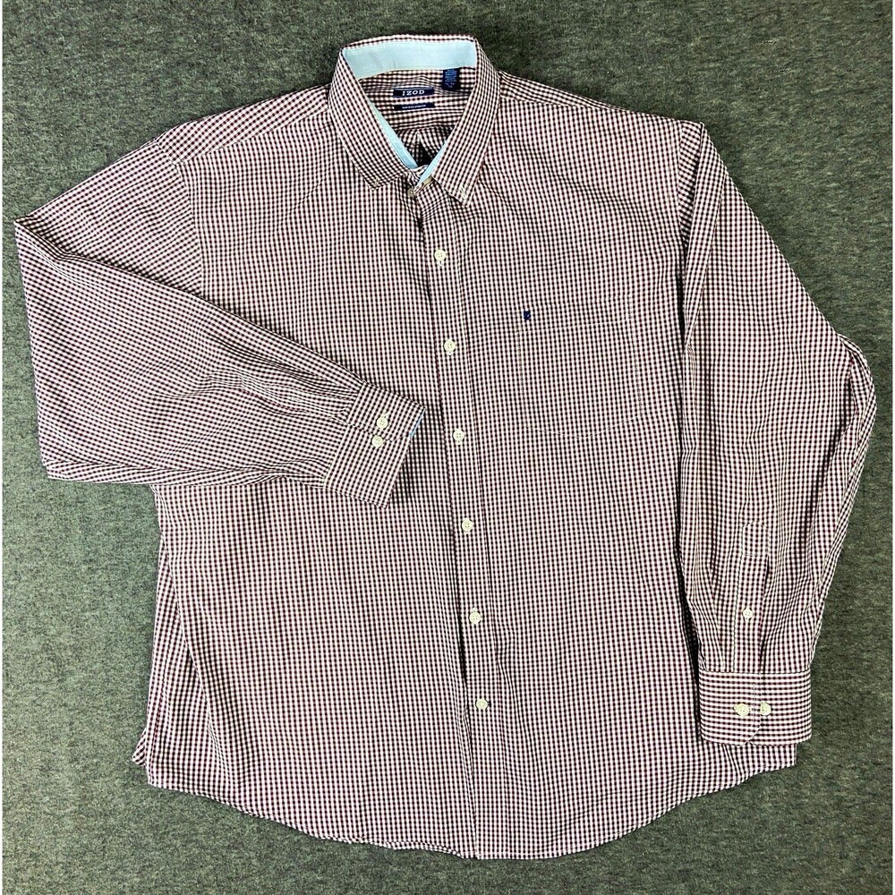 IZOD Non-Iron Stretch Shirt Mens XL Burgundy White Check Long Sleeve Pockets